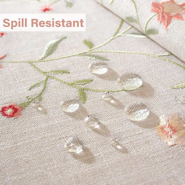 Pink Florals Embroidery Rectangle Tablecloth with Tassel 55"×120"2