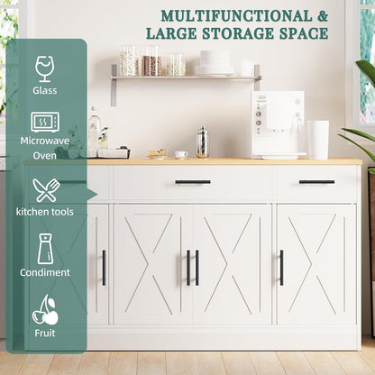 Buffet Cabinet with Storage,53.4" Large Kitchen Storage Cabinet with 3 Drawers and 4 Doors,Wood Farmhouse Buffet Sideboard with Adjustable Shelf for Kitchen Living Room, White4
