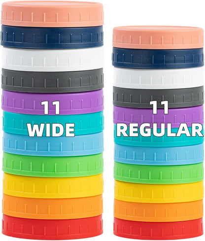 22 Pack Plastic Mason Jar Lids, 11 Wide Mouth & 11 Regular Mouth with Silicone Rings,Thickened Leak-Proof Lids Fit Ball,Kerr and More, 86Mm & 70Mm(Multicolored)1