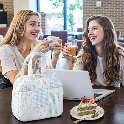 Quilted Lunch Box for Women,Coquette Aesthetic Lunch Box for Teen Girls,Cute Floral Lunch Bags for Work, School,Office,Picnic,Travel (Green Blue Pin)4