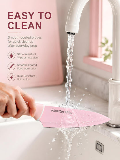 Knife Set with Clear Block and Sharpener 22Pcs Pink | Dishwasher Safe, Space-Saving Clear Knife Block, for Everyday Home Cooking7
