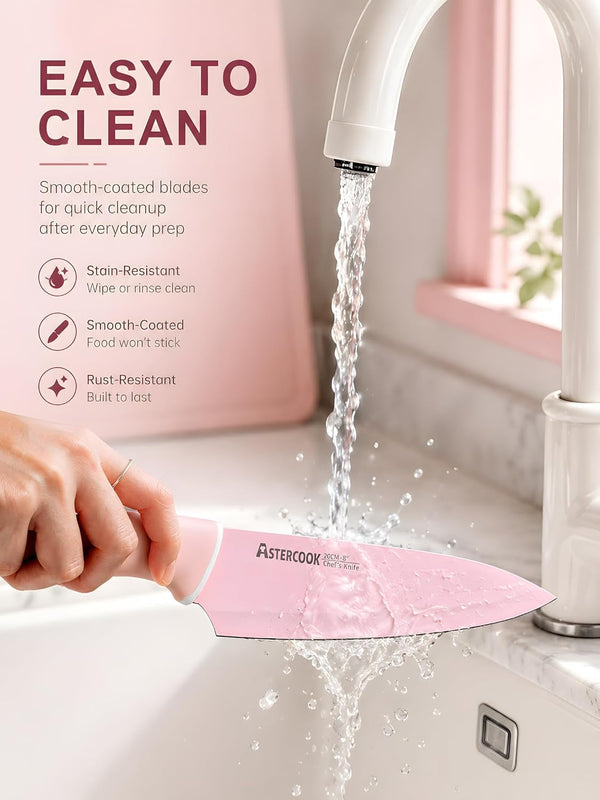 Knife Set with Clear Block and Sharpener 22Pcs Pink | Dishwasher Safe, Space-Saving Clear Knife Block, for Everyday Home Cooking7