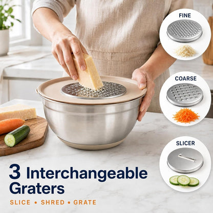 7QT 30PCS Mixing Bowls with Lids Set, 7QT to 1QT Stainless Steel Nesting Bowls with Graters, Non-Slip Silicone Bottom, Large Khaki Bowls & 21 Measuring Cups and Spoons Set Kitchen Appliances4