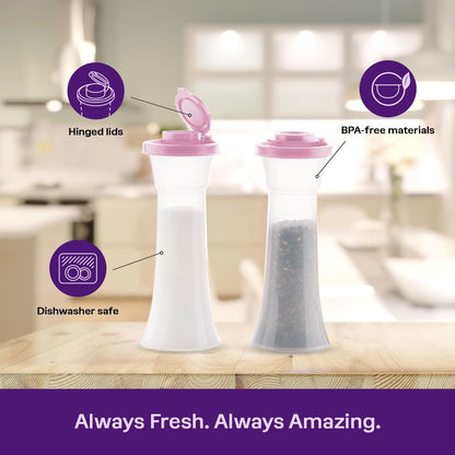 Hourglass Salt and Pepper 2-Shaker Set in Purple, Liquid Tight Lids, Bpa-Free, Dishwasher Safe4