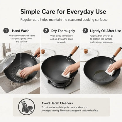 Carbon Steel Wok with Glass Lid, 12.6 Inch Flat Bottom Stir Fry Pan, Rolled Edge Spun Wok Pan, Coating-Free Wok for Induction, Gas & Electric Cooktops, 3–4 Servings8