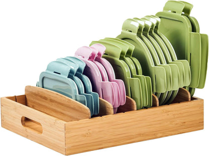 Large Bamboo Food Container Lid Organizer for Kitchen Cabinet1