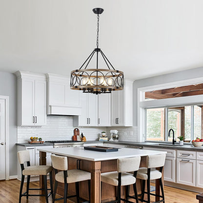 6-Light Farmhouse Chandelier for Dining Room, 21.65'' Black Rustic Industrial Drum Chandeliers Imitation Wood Grain Pendant Light Fixture for Kitchen Island Entryway Foyer Bedroom Hallway,E26 Metal2