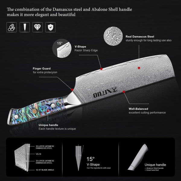 XITUO 7-Inch Nakiri Knife, Japanese VG-10 Damascus Steel (67 Layers), Razor Sharp Asian Vegetable & Meat Chopper, Ergonomic Abalone Shell Handle, Chef Knife with Gift Box4