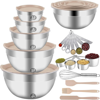 Mixing Bowls Set, 25PCS Khaki Mixing Bowls with Lids Set Stainless Steel Kitchen Large Nesting Metal Bowl 7QT to 1.5QT, Measuring Cups and Spoons for Prepping Cooking Serving1