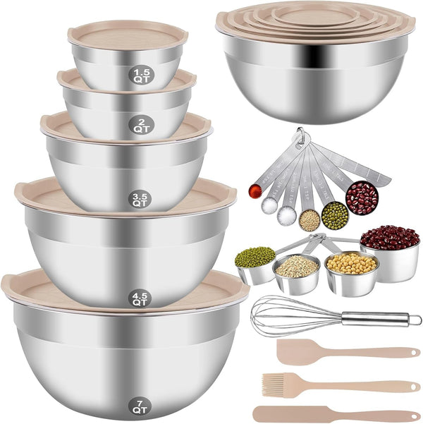 Mixing Bowls Set, 25PCS Khaki Mixing Bowls with Lids Set Stainless Steel Kitchen Large Nesting Metal Bowl 7QT to 1.5QT, Measuring Cups and Spoons for Prepping Cooking Serving1