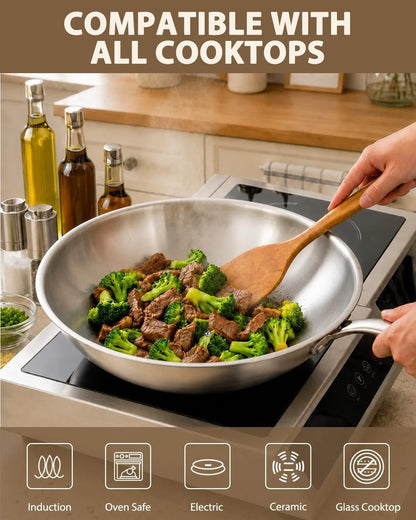 12.5-Inch Tri-Ply Stainless Steel Wok Pan with Lid | Detachable Handle | Stir-Frying Pan | Induction Wok | Dishwasher and Oven Safe | Heavy-Duty | Flat-Bottom5
