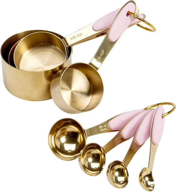 Measuring Cups and Spoons Set, Stainless Steel with Pink Silicone Inset Handle, Dishwasher Safe, for Dry and Liquid Ingredients, 8-Piece Set, Gold and Pink1