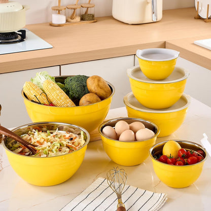 Yellow Mixing Bowls with Airtight Lids, Stainless Steel Nesting Mixing Bowls Set of 7, Ideal for Baking, Prepping and Serving Food, Size 7, 3.6, 2.7, 2.1, 1.5, 1.1,0.8 QT, Stackable Design9