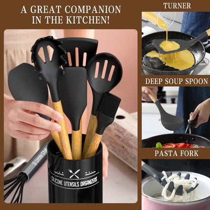 Kitchen Cooking Utensils Set, 33 Pcs Non-Stick Silicone Cooking Kitchen Spatula Set with Holder, Wooden Handle Silicone Kitchen Gadgets Utensil Set (Black)7