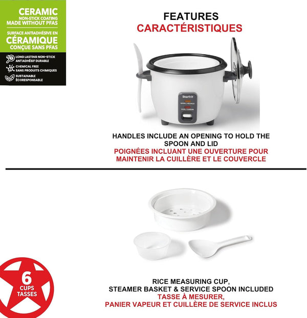 Electric Rice Cooker, 6 Cups, Ceramic Nonstick, 300W | Makes up to 6 Cups. Cook & Keep Warm. Ceramic Nonstick Pot. Steamer Basket Included. 300W Performance.3