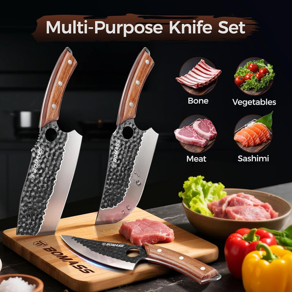 3PCS Butcher Knife Set, Hand Forged Kitchen Chef Knife Set Gift7