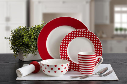 Kenna Red 16-Piece Porcelain Dinnerware Set, Service for 43