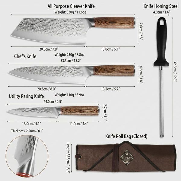 Forged High Carbon Steel Knife Set for Chefs & Grill Masters | Meat Cutting & Outdoor Cooking for Culinary Students, Butcher Cleaver, Honing Rod, Travel Knife Roll, Hand-Hammered Blades3