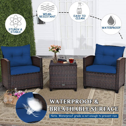 3 Pieces Patio Furniture Set, PE Rattan Wicker 3 Pcs Outdoor Sofa Set W/Washable Cushion and Tempered Glass Tabletop, Conversation Furniture for Garden Poolside Balcony (Blue)7