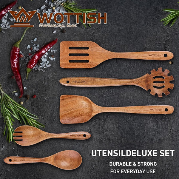 Wooden Kitchen Utensil Set - Natural Solid Wood Spoons, Non-Toxic, Heat Resistant, Non-Scratch and Easy to Clean (A05)2