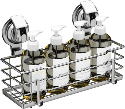 Suction Cup Shower Caddy, Shower Shelf Soap Dish with Hooks for Razor, Sponge, Rust Proof 304 Stainless Steel, Silver3