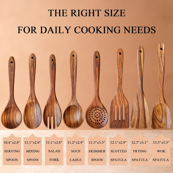 8 Piece Wooden Kitchen Utensils Set, Teak Wooden Spoons for Cooking3