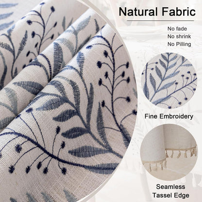 Rustic Waterproof Linen round Tablecloth, Heavy Weight Fern Embroidery Table Cloths for round Tables, Farmhouse Spill-Proof Table Covers with Tassels, Blue, 55 Inch3