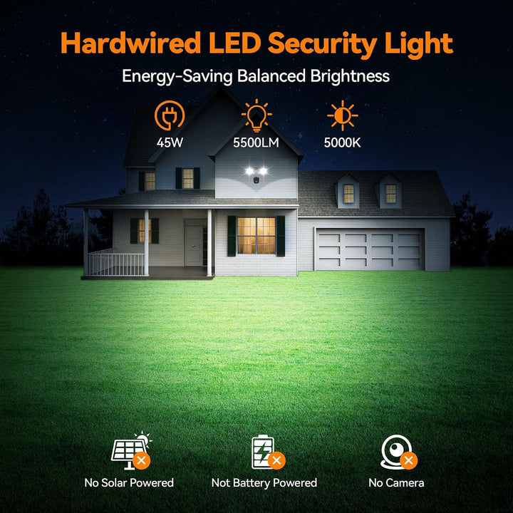 45W 5500LM PIR Motion Sensor Outdoor Lights, Dual Head LED Flood Light, 5000K Daylight, IP65 Waterproof Hardwired Dusk to Dawn Motion Detector Security Light for outside Garage Yard (Black)+2
