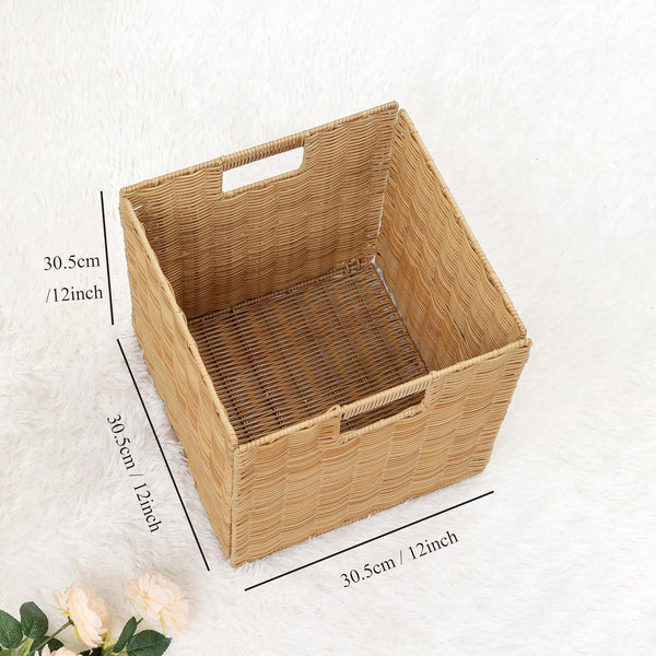 12X12Inch Plastic Wicker Cube Baskets Large Foldable Handwoven,4 Pack,Khaki3