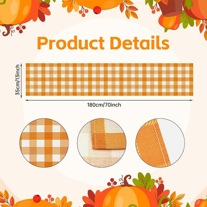 Fall Table Runner 72 X 13 Inch Thanksgiving Decorations,Linen Burlap Orange Buffalo Check Plaid Table Cover for Autumn Thanksgiving Day, Seasonal Farmhouse Table Decor for Kitchen Dining Fireplace2