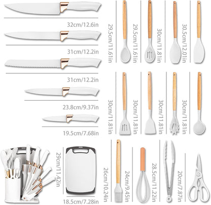 19-Piece Kitchen Utensil and Knife Set, Black (White) | 11 Food-Grade Silicone Tools, 5 Nonstick-Coated Stainless Steel Knives, Bamboo Handles, Cutting Board and Fan-Shaped Holder2