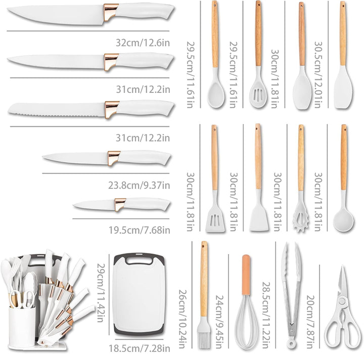 19-Piece Kitchen Utensil and Knife Set, Black (White) | 11 Food-Grade Silicone Tools, 5 Nonstick-Coated Stainless Steel Knives, Bamboo Handles, Cutting Board and Fan-Shaped Holder+2