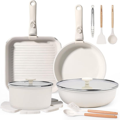 18PCS Pots and Pans Set Cookware Set with Detachable Handle | Non Stick,Non Toxic, PFOA Free, Dishwasher ＆Oven Safe, All Stoves Are Compatible, White1