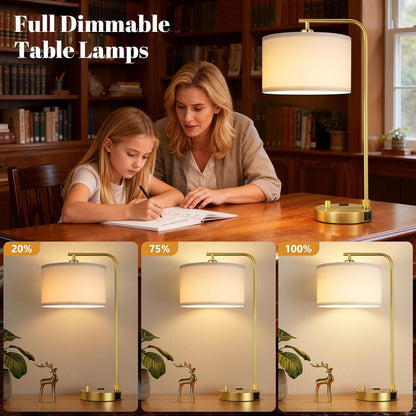 Gold Bedside Lamps Set of 2, Fully Dimmable Lamps for Night Stands, USB A+C | Modern, Linen Lampshade, USB Port and Outlet, Tall Desk Lamps for Bedroom, Nightstand, Living Room, Home Office, End Table2