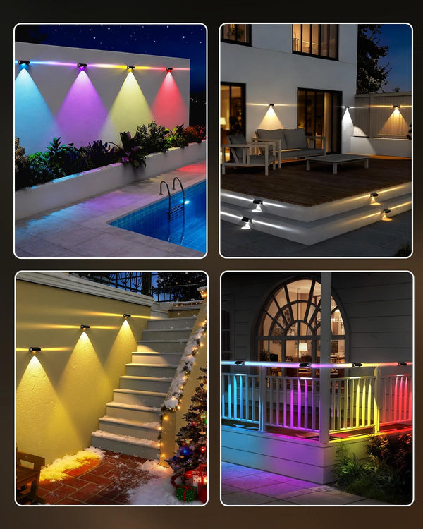 Solar Fence Lights Outdoor, 8 Pack 12 Mode RGB Color Changing & Warm/Cool White, Waterproof IP65 3-LED Dusk to Dawn Fence Lights Solar Powered for Wall, Railing, Patio, Step, Backyard, Outside8