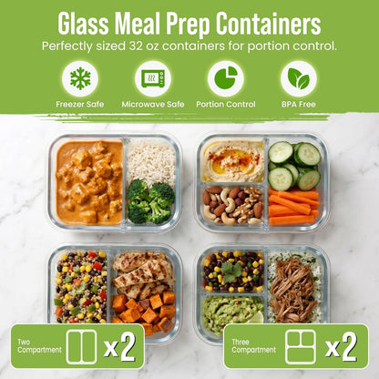 Glass Meal Prep Containers 2 and 3 Compartments, Leak-Proof, 32 Oz, 4 Pack5