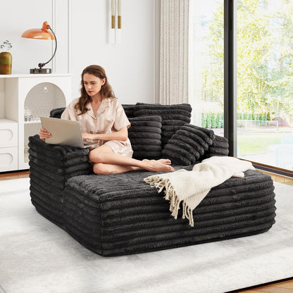 56" Oversized Chaise Lounge Chair Indoor,Plush Faux Fur Sleeper Sofa Couch Bed with Pillows&Wide Armrests,Fluffy Comfy Cloud Couch,Compression Foam Couch for Living Room,Bedroom(Black)6