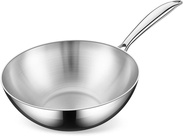 8.66 Inch 5-Ply Clad Stainless Steel Wok with Lid & Steamer Coating-Free(No | Multi-Layer Construction Flat Bottom Wok with Even Heating for Stir Fry Cooking on Every Stovetop Type1