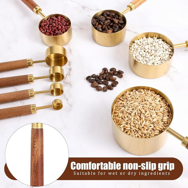 Gold Measuring Cups and Spoons Set Stainless Steel Wood Handle US Metric6