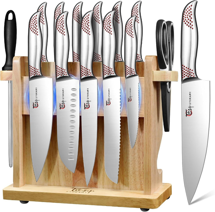 Japanese Knives Set for Kitchen, Magnetic Knife Set with Block and Sharpener, Stainless Steel Knife Set as Gift for Couple, Wedding, Women or Mom with Gift Box, 14 PCS Red Dot | High Carbon Stainless Steel Chef Knife Set with Sharpener, Ergonomic Handle, Razor Sharp, Dishwasher Safe, Ideal for Gift