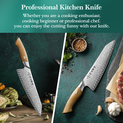 Damascus Chef Knife, 8.5 Inches, 67 Layers Damascus Steel, Professional Japanese Kitchen Knife for Chefs and Home Cooking, Ultra-Sharp Blade with Linen Micarta Handle, Gift Packing9