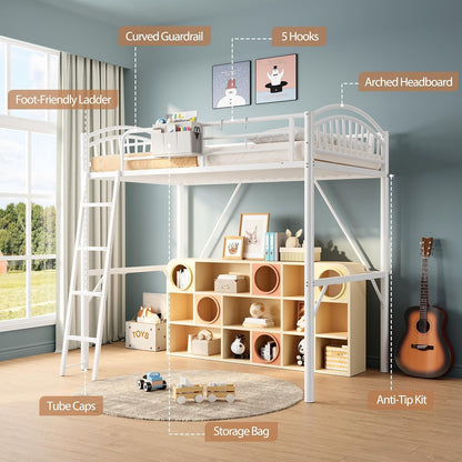 Loft Bed White Twin with Storage Bag, Metal Twin Size Loft Beds for Kids with Convertible Ladder, Safety Guard Rails and Anti-Tip Nails for Teenager，Girls or Boys (White)5