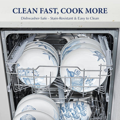Minh Long 12-PCS Porcelain Coastal Dinnerware Set, Plates, Bowls, Service for 4, Chip & Scratch Resistant, Oven Safe up to 482°F, Non Toxic, Lead & Cadmium Free, Stackable, Dishwasher & Microwave Safe6