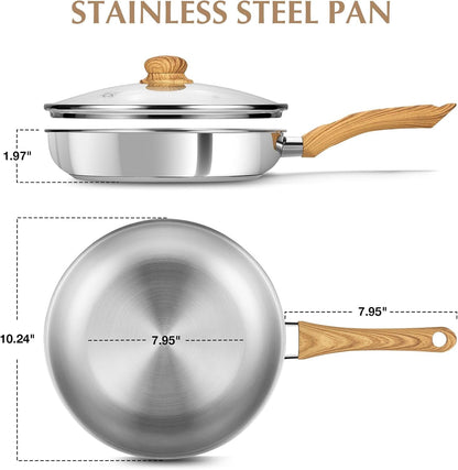 Stainless Steel Pan 10 Inch, Tri-Ply Bottom Stainless Steel Frying Pan with Heat-Resistant Bakelite Handle, 10 Inch Skillet with Lid for Cooking, Induction Compatible Steel Pan8
