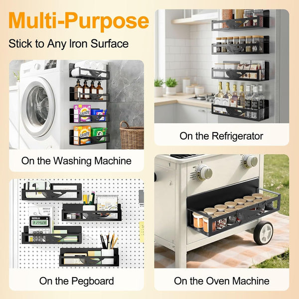 Magnetic Spice Rack for Refrigerator, 4-Pack Metal Seasoning Organizer for Kitchen Storage Organization, Magnetic Shelf for Fridge Space Saving Spice Organizer, Black4