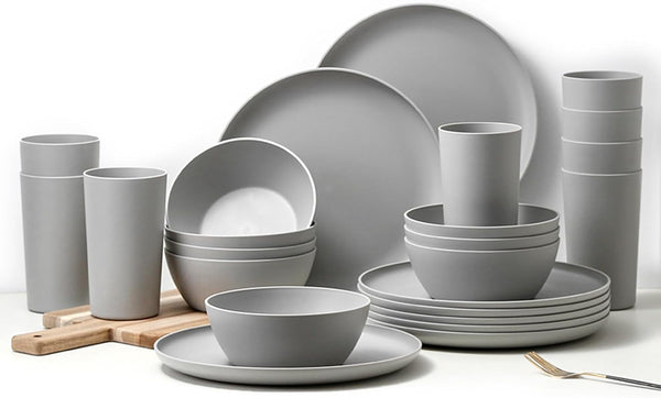 24-Piece Dinnerware Set, Service for 8, Unbreakable Plates and Bowls Set, Bpa-Free, Dishwasher Safe, Gray Tableware for Kitchen, Party and Picnic1