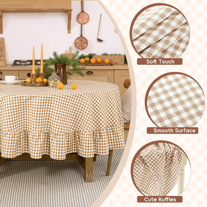 Brown Ruffled Gingham Tablecloth, 70 X 70 Inches, Round5