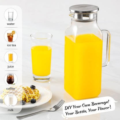 2 Quart (2 Liter 68 Oz) Square Glass Pitcher with Lid and Spout, Water Pitchers with Handle for Fridge, Borosilicate Glass Carafe for Hot/Cold Drink, Large Jug for Iced Tea, Coffee,Juice,Milk,Beverage2