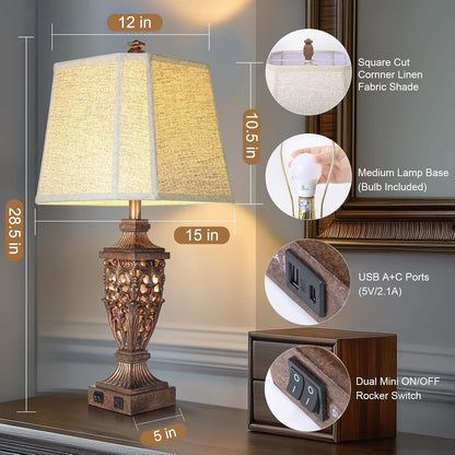 Vintage Resin Table Lamps with Night Light for Bedroom Living Room | 28.5" Tall, Night Light, Farmhouse Table Lamps Set of 2 with USB A+C Charging Ports, Linen Shade, Bulb Included, Bedside Lamp2