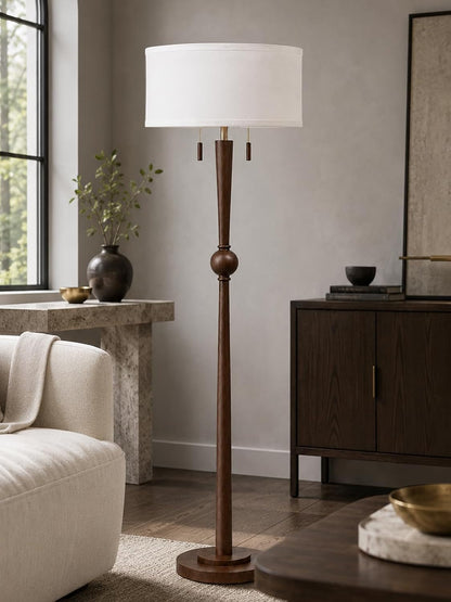Solid Wood Floor Lamp for Living Room,Pull Chains Standing Lamp | 62.8" Tall,17" White Drum Shade,Sculptural Wood Base & Stem,2-Light Design,Standing Lamp for Bedroom,2 Bulbs Included1
